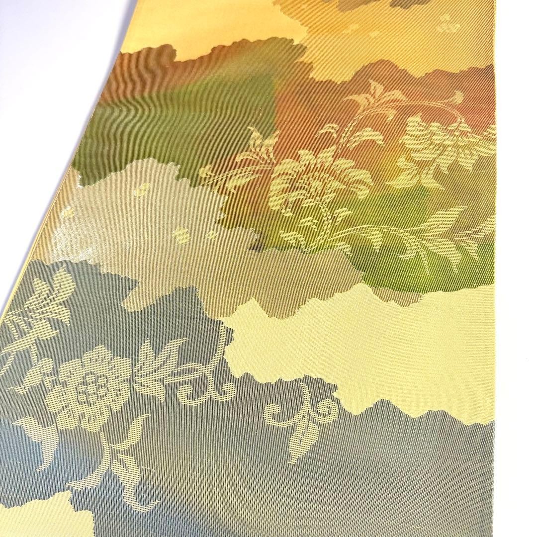Silk Fukuro Obi Gold Beige Green Red Floral 414cm Japanese Kimono Used