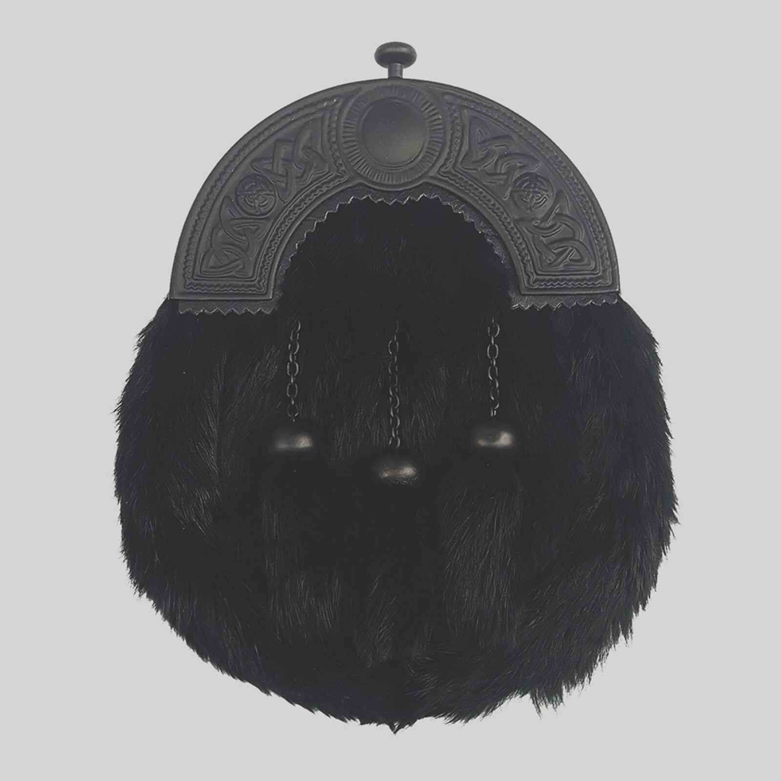 Natural Black Rabbit Fur Scottish Kilt Sporran | Black and White Chroom Cantle