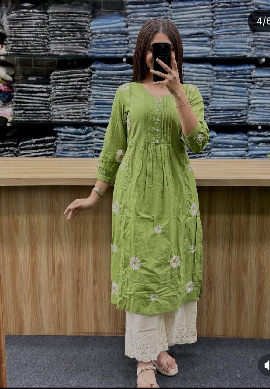 Women’s Sage Green Cotton Kurta Pant Dupatta Set 3 Piece Embroidered Ethnic Suit