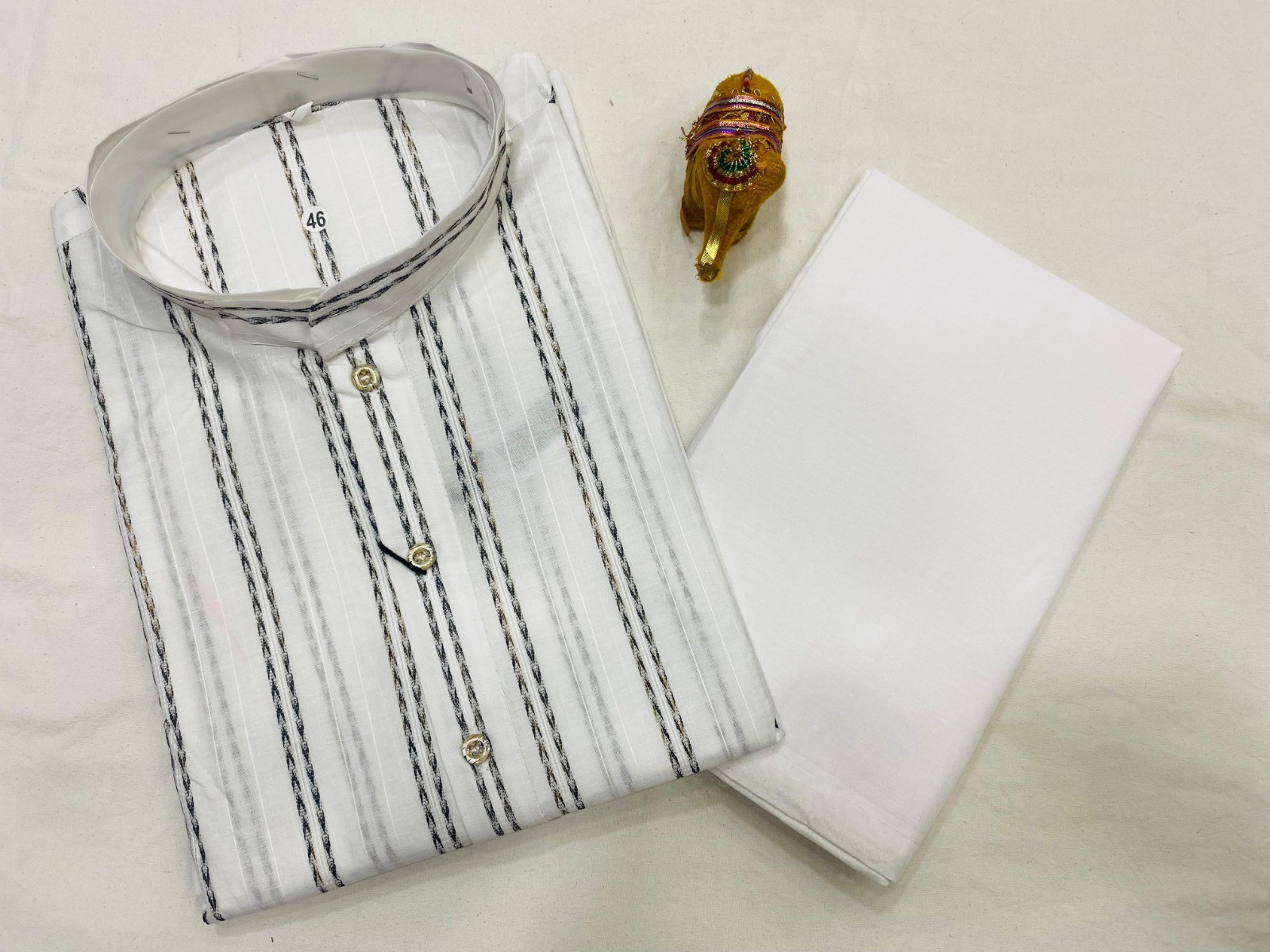 Pure Cotton Off White with Green stripes Traditional Ethnic Festival Mens Kurta