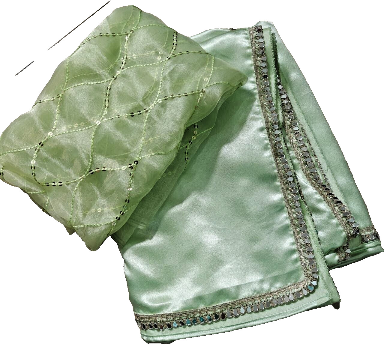 Plain trendy Saree blouse piece unstitched sari border pale green with mirror