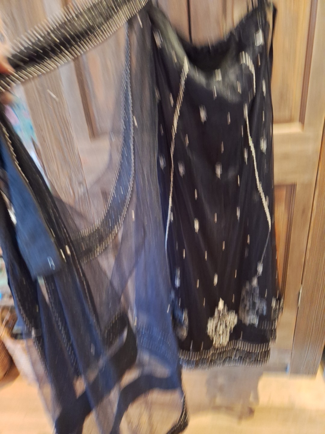 Sari, Black lehenga choli with sequins, beads, and multi thread embroidery, Med.