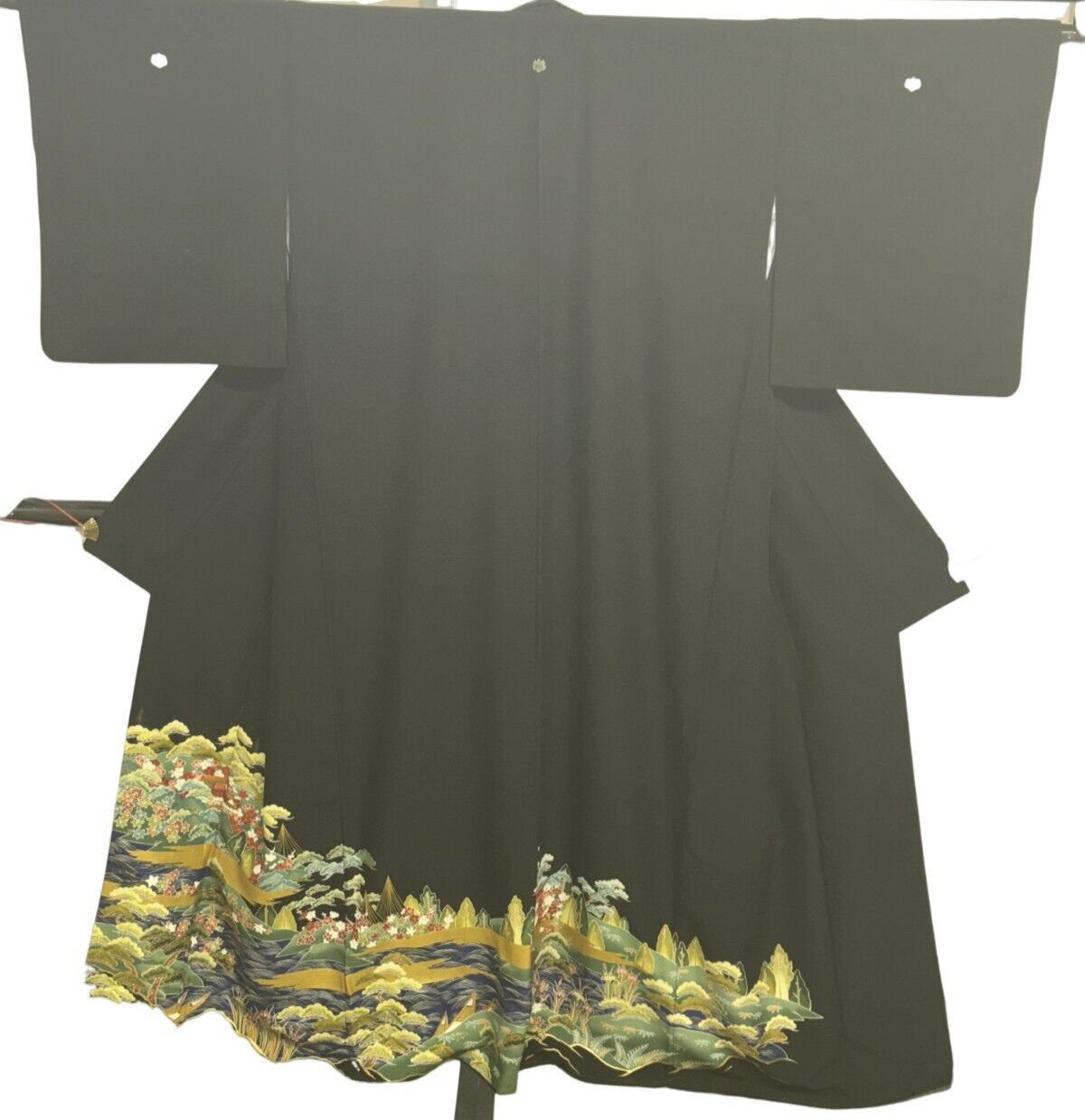 Japanese Vintage Kimono Tomesode Polyester Black Scenery Familycrest Height 64in