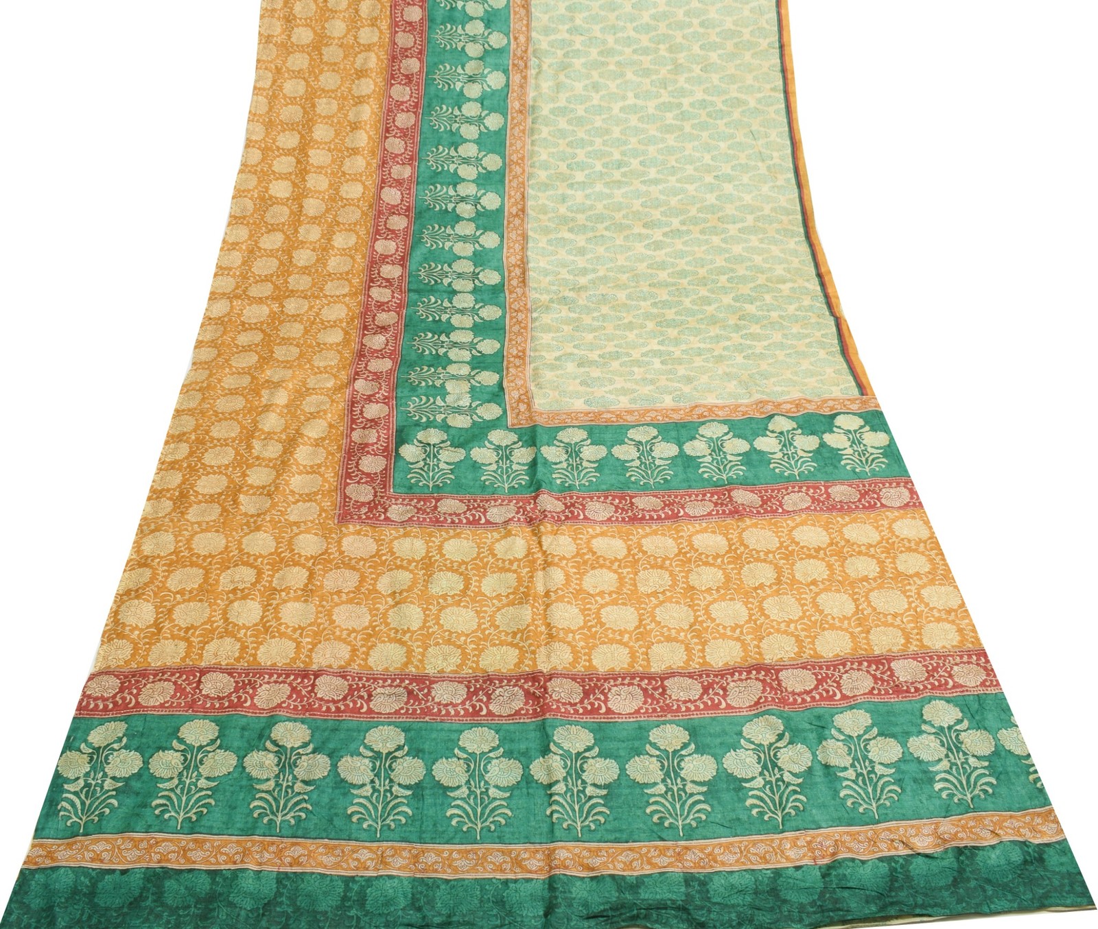 Sushila Vintage Hand Block Printed Saree Pure Tussar Silk MultiColor Sari Fabric