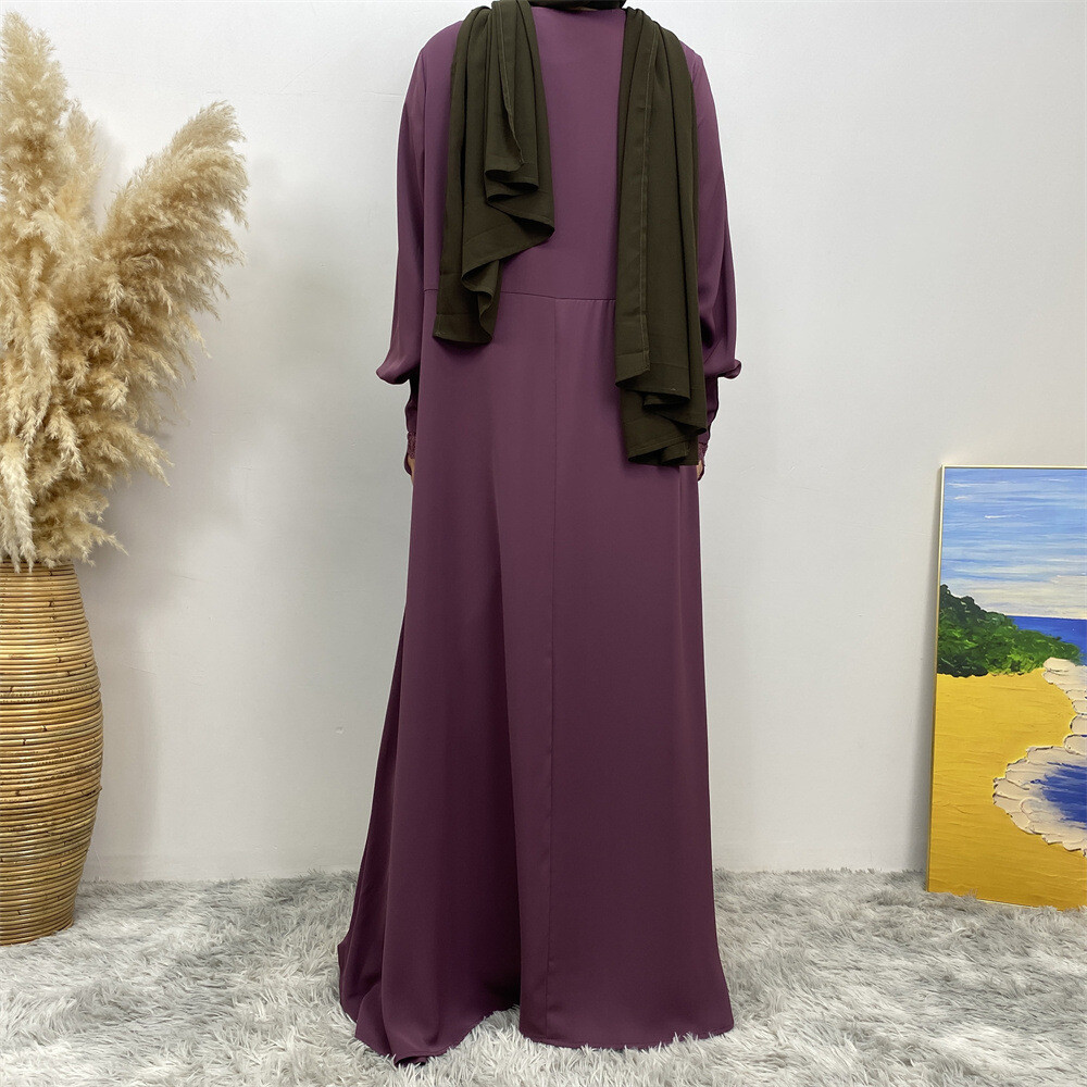 Women Loose Robe Muslim Dress Kaftan Solid Color Lace Sleeve Abaya Simple Burqa