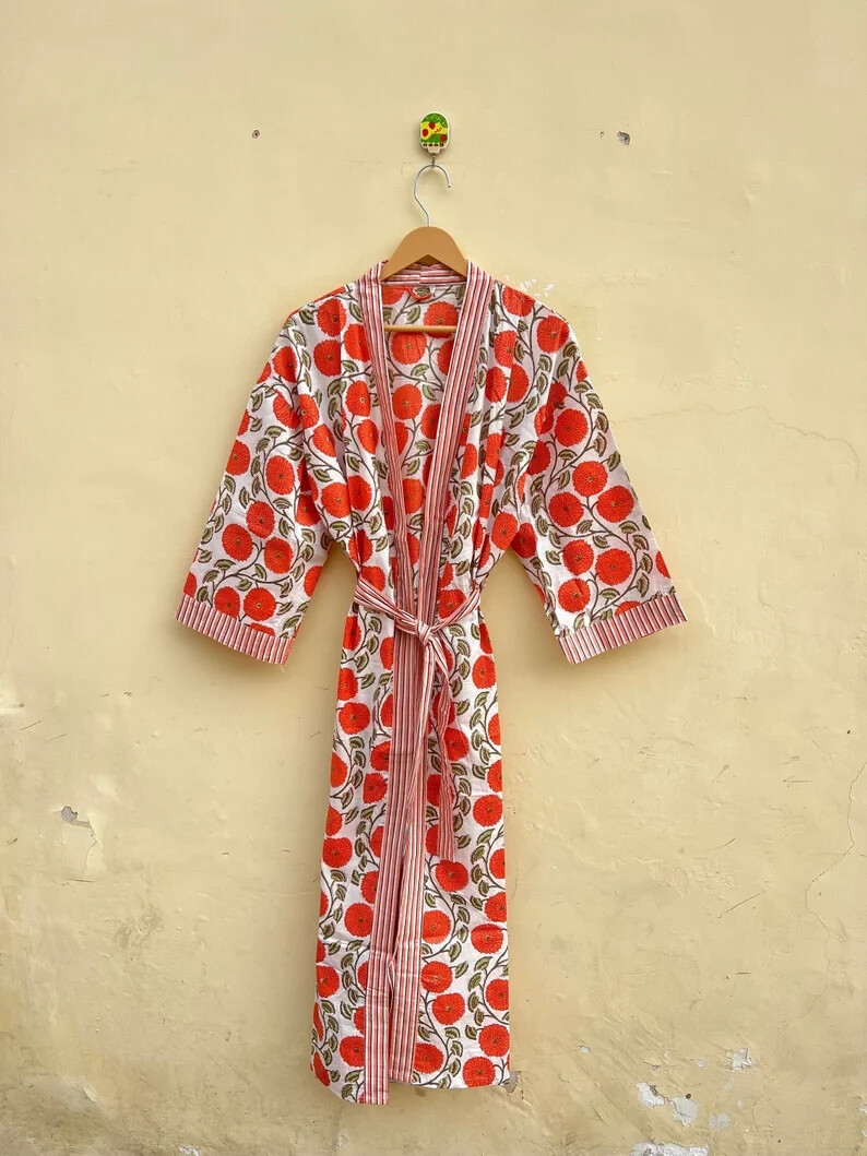 Women Cotton Kimono Shower Robe Floral Print Beach & Sleep Wear Long Night Dress