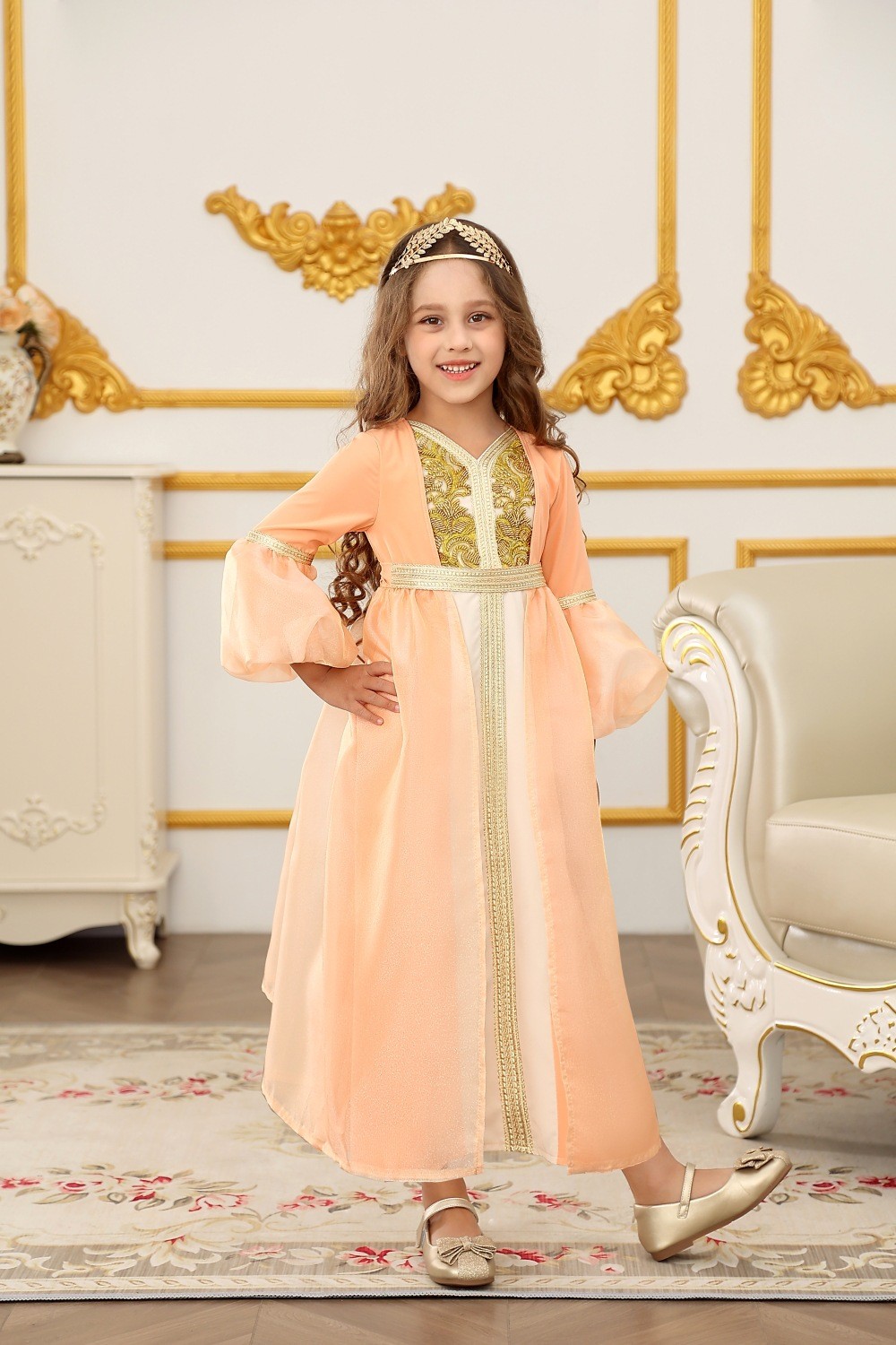 Muslim Girls Child Kaftan Dress Fashion Lantern Sleeves Abaya Party Banquet Gown