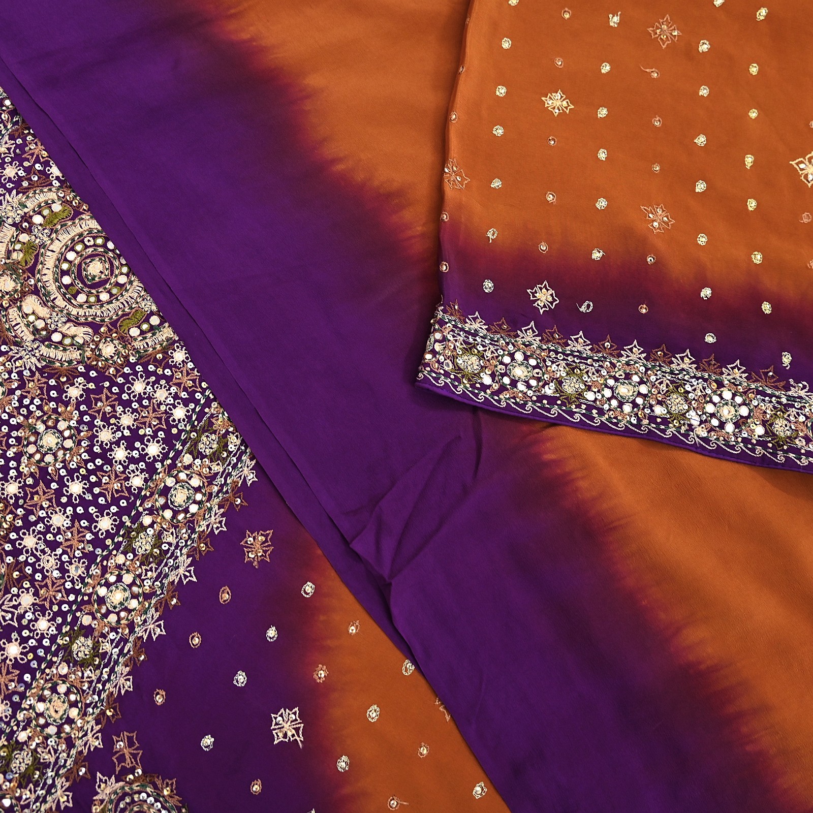 Indian Vintage Sari Purple & Mustard Pure Crepe Silk Hand Embroidered Sarees 6yd