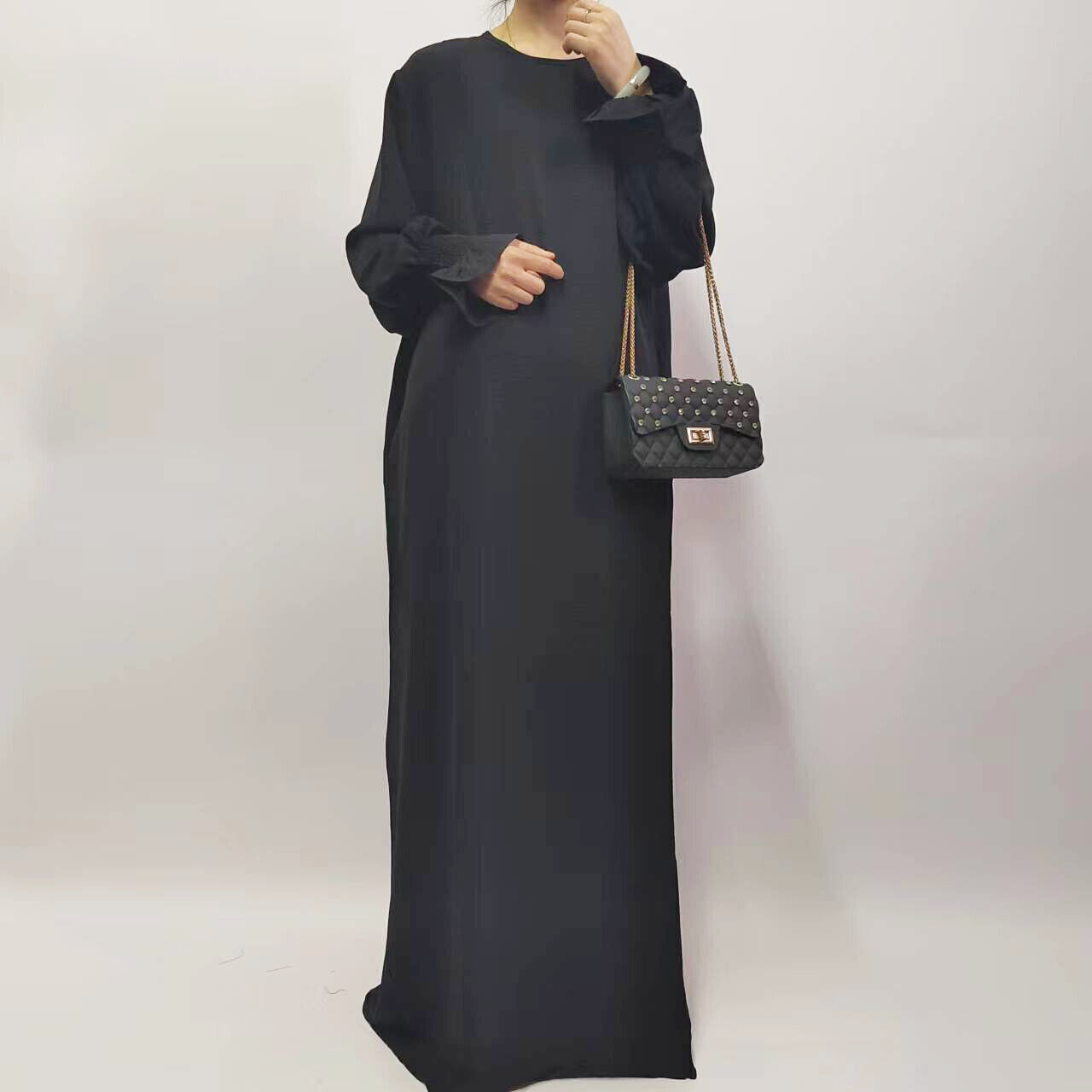 Muslim Women Solid Color Long Sleeve Abaya Loose Robe Simple Maxi Dress Kaftan