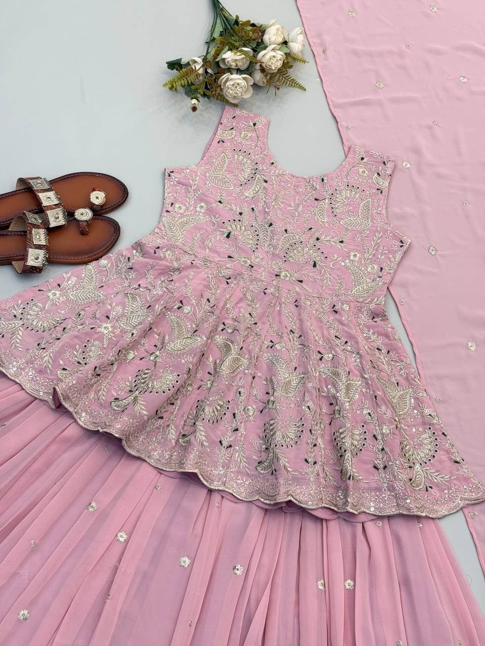 Unique Designer Pink Faux Georgette Silk Top Lehenga With Dupatta For Wedding