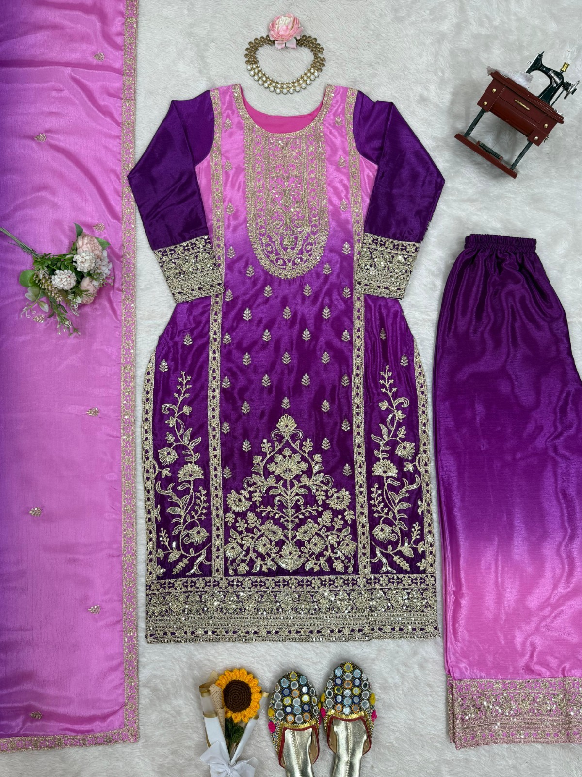 Latest New Chinon Silk Purple Top Palazzo With Dupatta For Women & Girls Wear