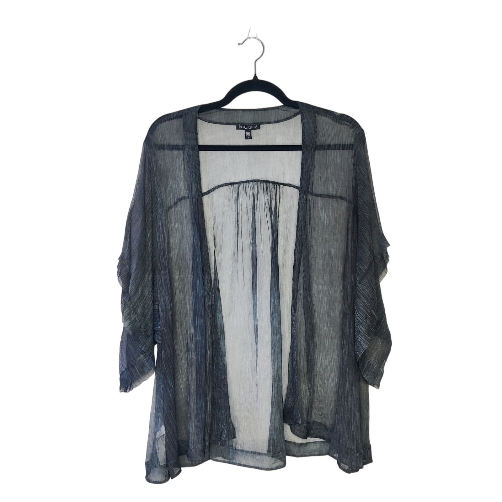 Eileen Fisher Sheer Crinkle Silk Washable Kimono Sleeve Cover Up Jacket 1X Gray