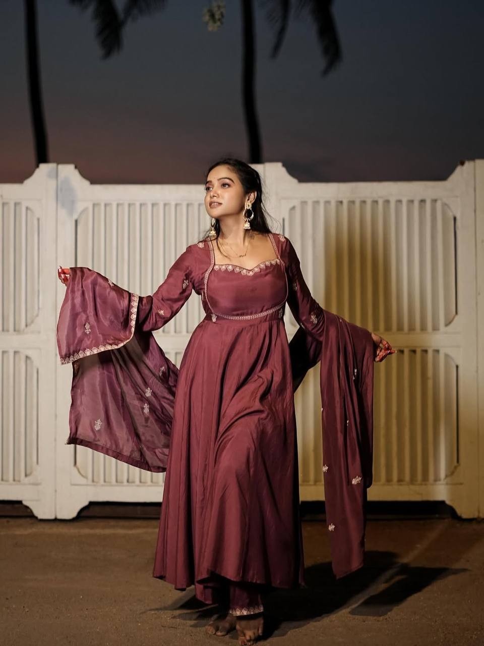 Fashionable Silk Dusty Pink Gown Bottom With Dupatta For Women Festival Wear