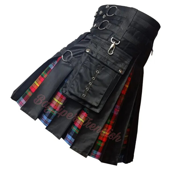Black Cotton Men’s Hybrid Kilt Nylon Straps with Scottish Scottish Kilt LGBT Siz