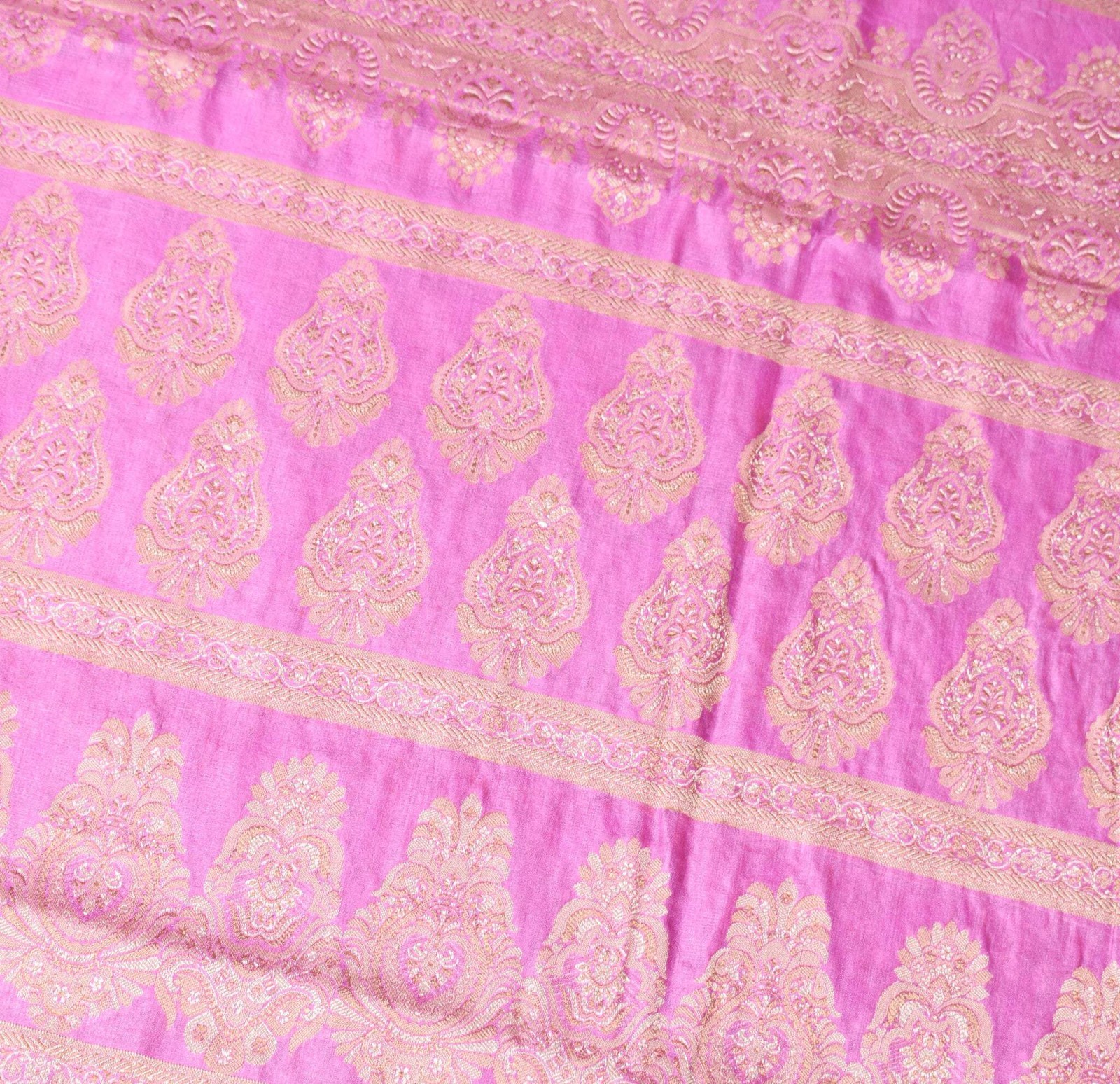 Sushila Vintage Fuchsia Pink Saree Pure Tussar Silk Floral Woven Sari Fabric