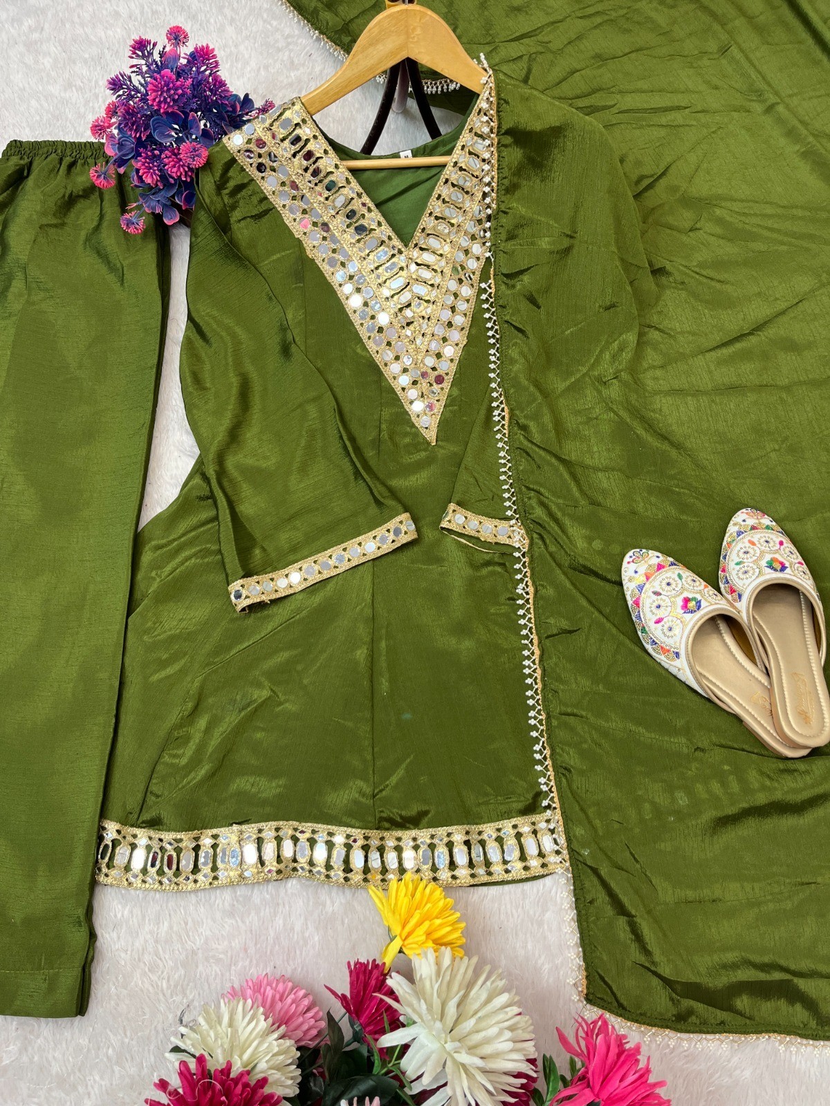 MAHENDI SPECIAL REAL MIRROR WORK ON SILK FABRIC TOP AND PLAZZO WITH DUPATTA SET