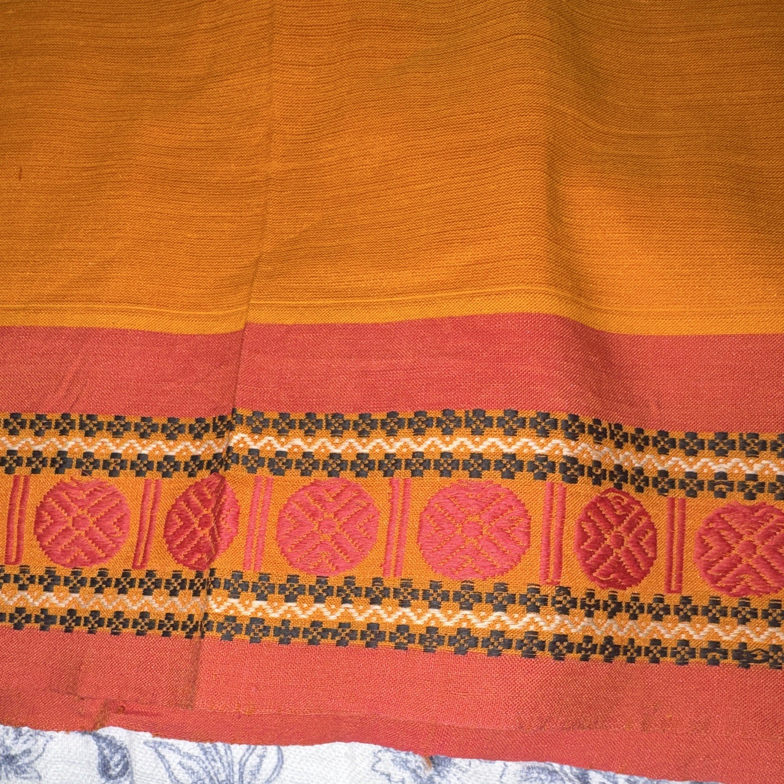 Womens Orange Red Black Gold Woven Synthetic Saree with Patterned Border