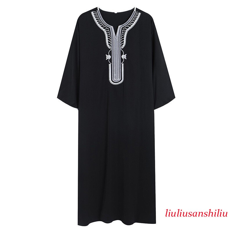 Muslim Men’s Black Robe Short Sleeves Embroidered Arabic Ethnic Style Clothes 1x