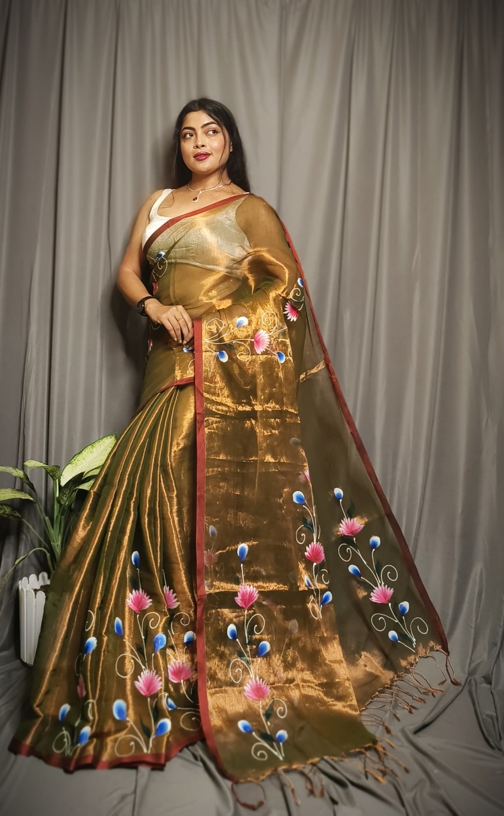 flower handpint tissue indian wedding saree sari