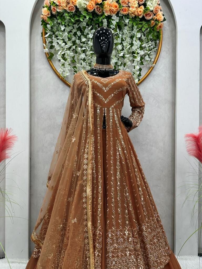New Thread Sequence Work Faux Georgette Brown Top Lehenga With Dupatta