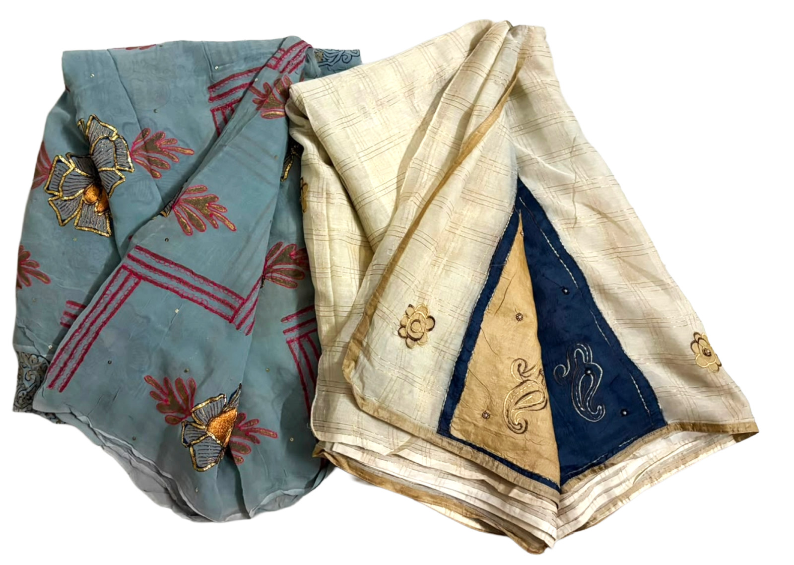 Lot of 2 Saree Indian Cotton Fabric Home Decor Embroidered Grey & Beige Vintage