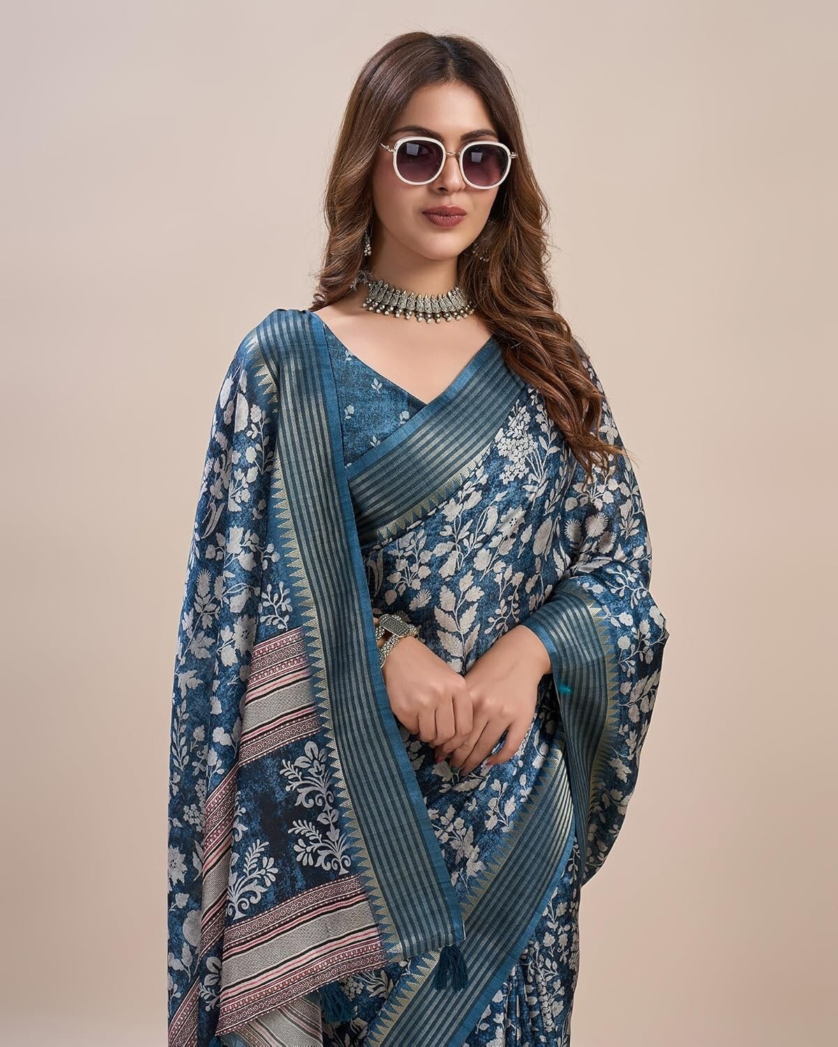 Women’s Pashmina Silk Ajrakh Printed Saree With Unstitched Blouse