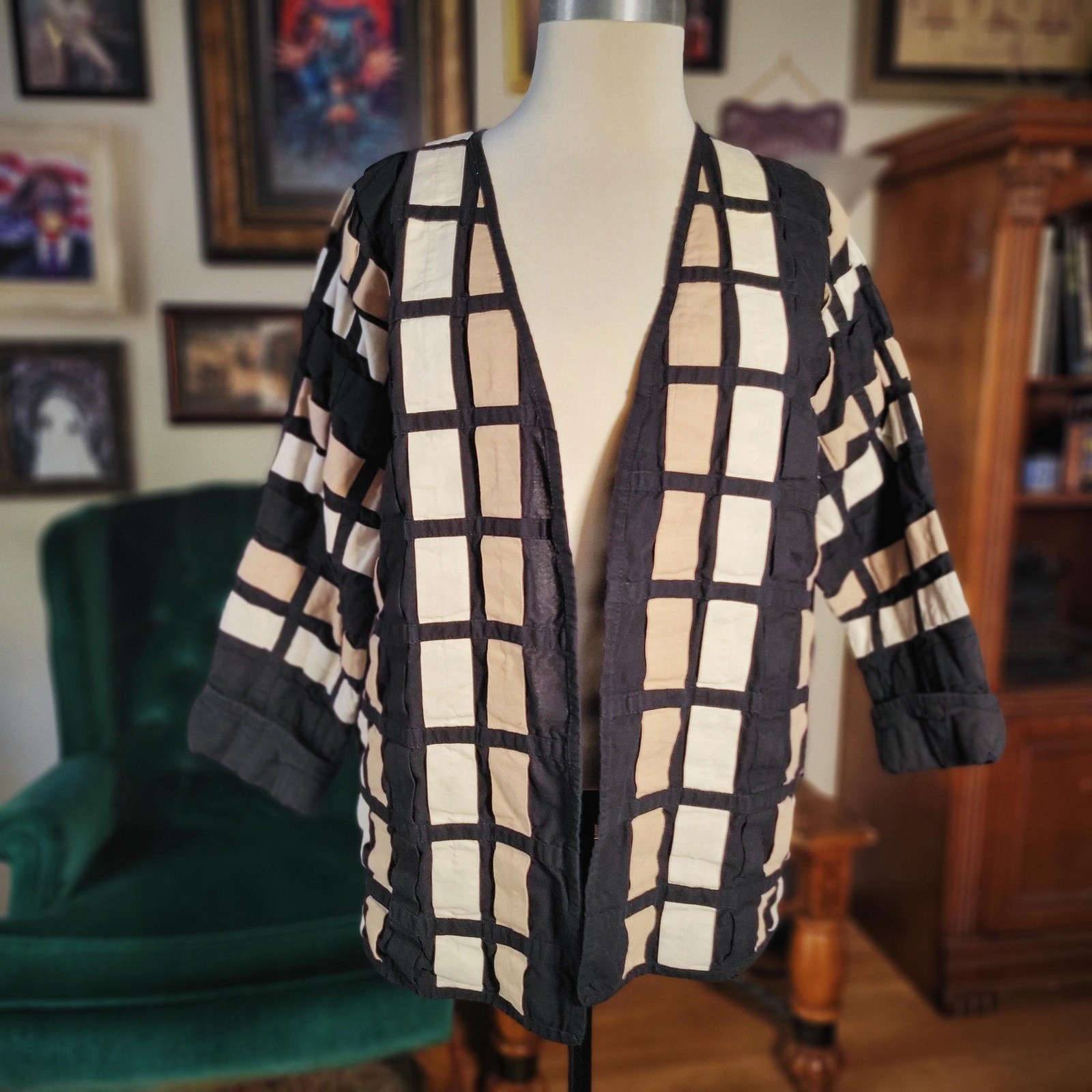 Unisex Black White Kimono Vintage 80s YAK MAGIK Geometric Pattern Jacket Small