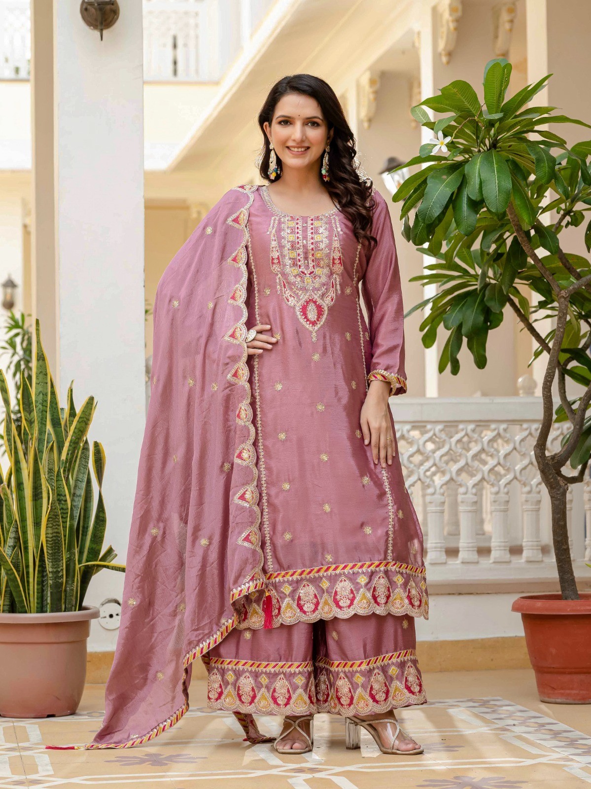Attractive Designer Pure Chinon Silk Kurta Palazzo With Dupatta For Party Wear