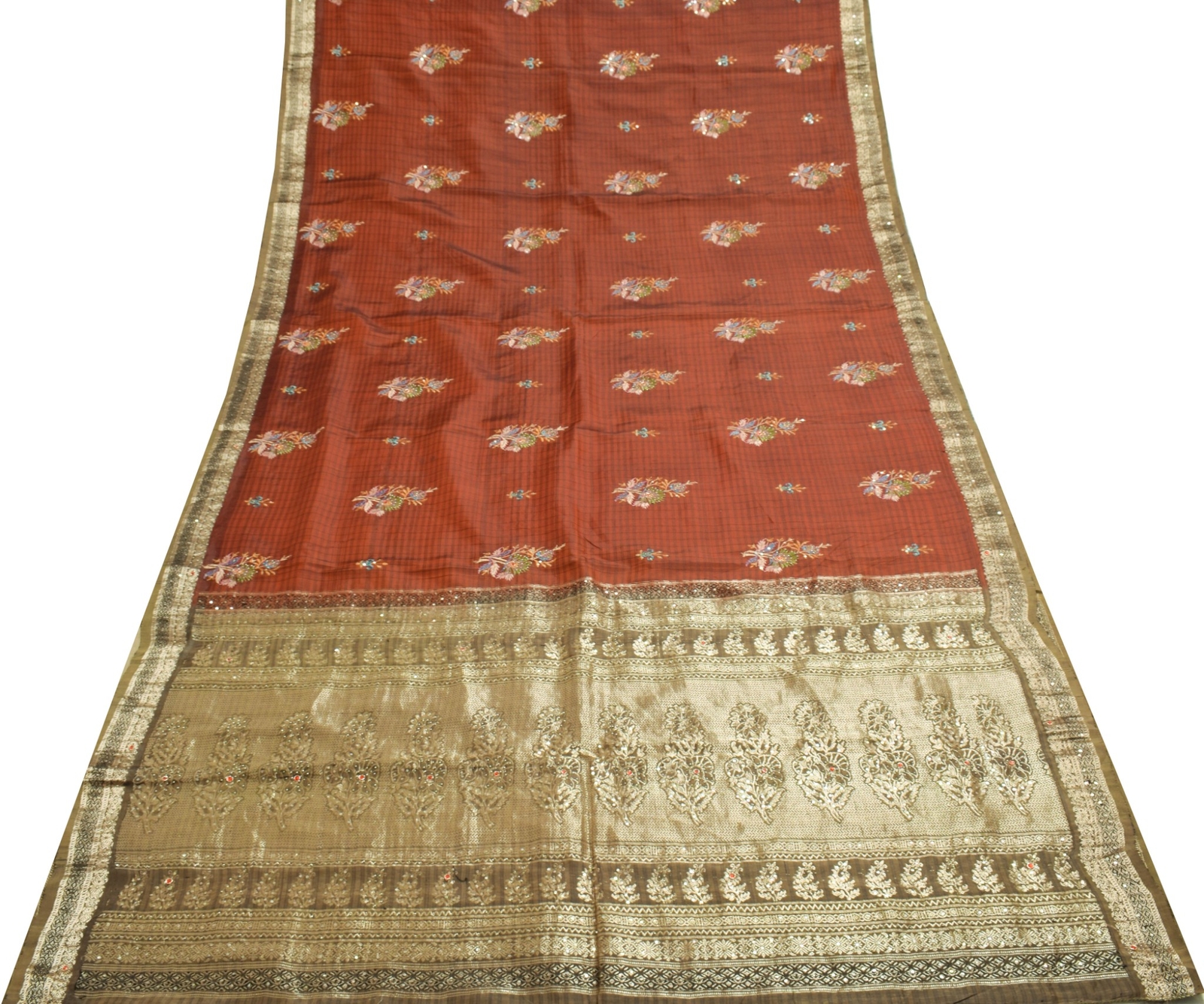 Sushila Vintage Dark Rust 100% Pure Silk Saree Hand Beaded Classy Sari Fabric