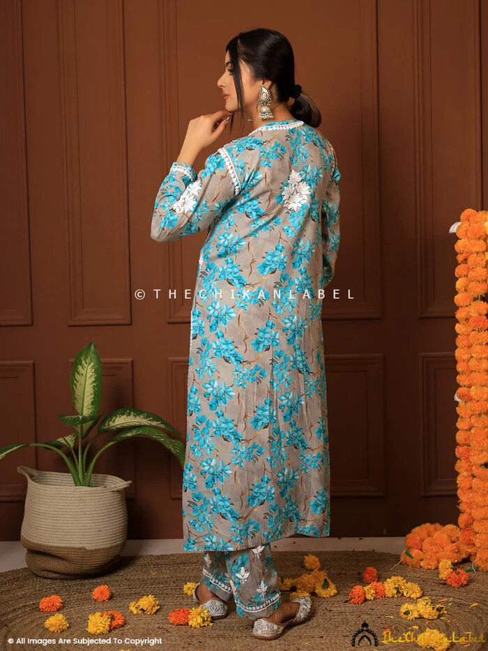 Green Modal Chikankari Straight Kurta Set Lucknow Chikankari Handcrafted Set