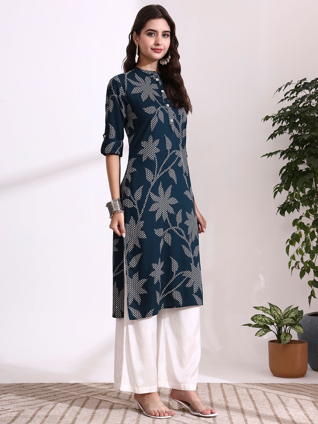 Women’s Dark Green Floral Print Rayon Straight Kurta Roll Up Sleeves Plus Size