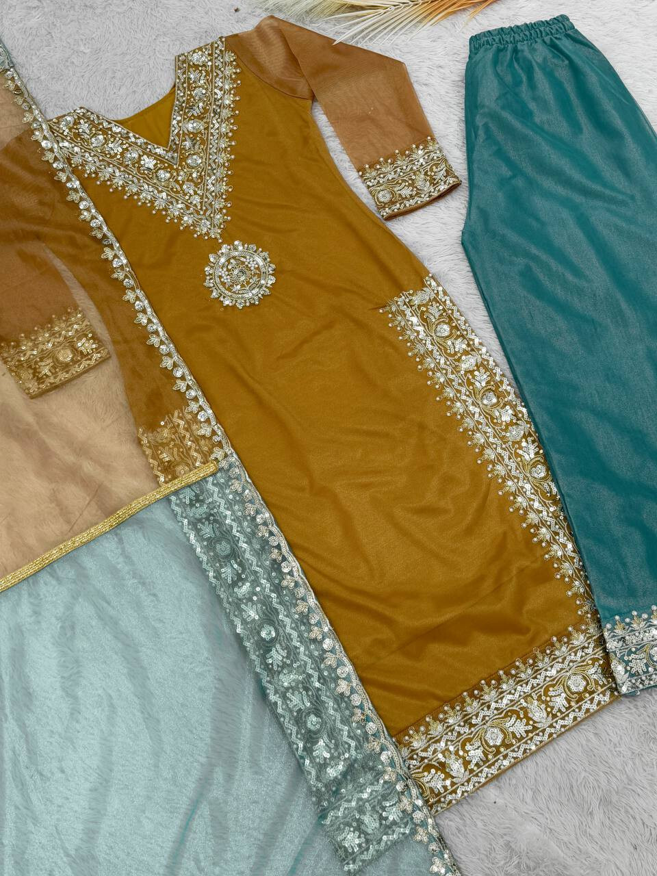 FUNCTION WEAR SOFT TWILL NET SILK PALAZZO SUIT WITH DUPATTA FOR WOMEN