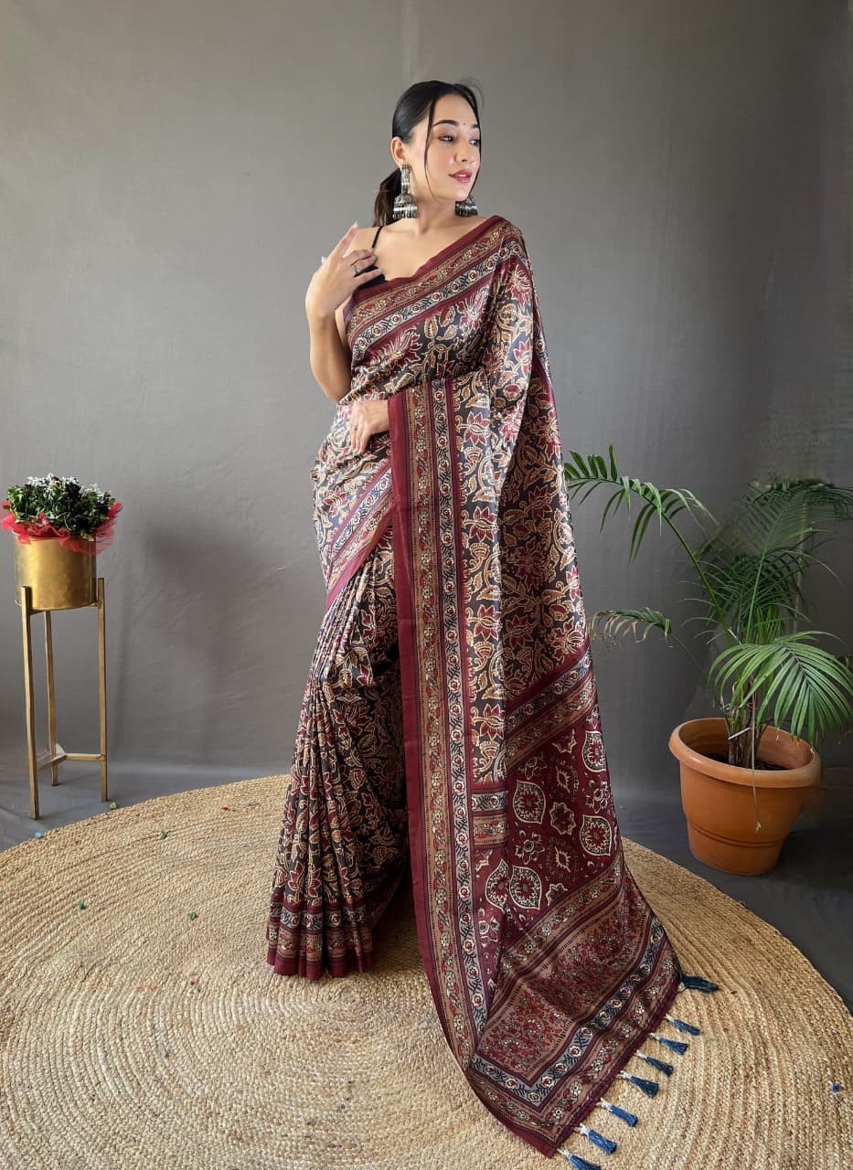 Digital Print Semi Silk Saree Tassel Pallu Border Party Wedding Indian Sari