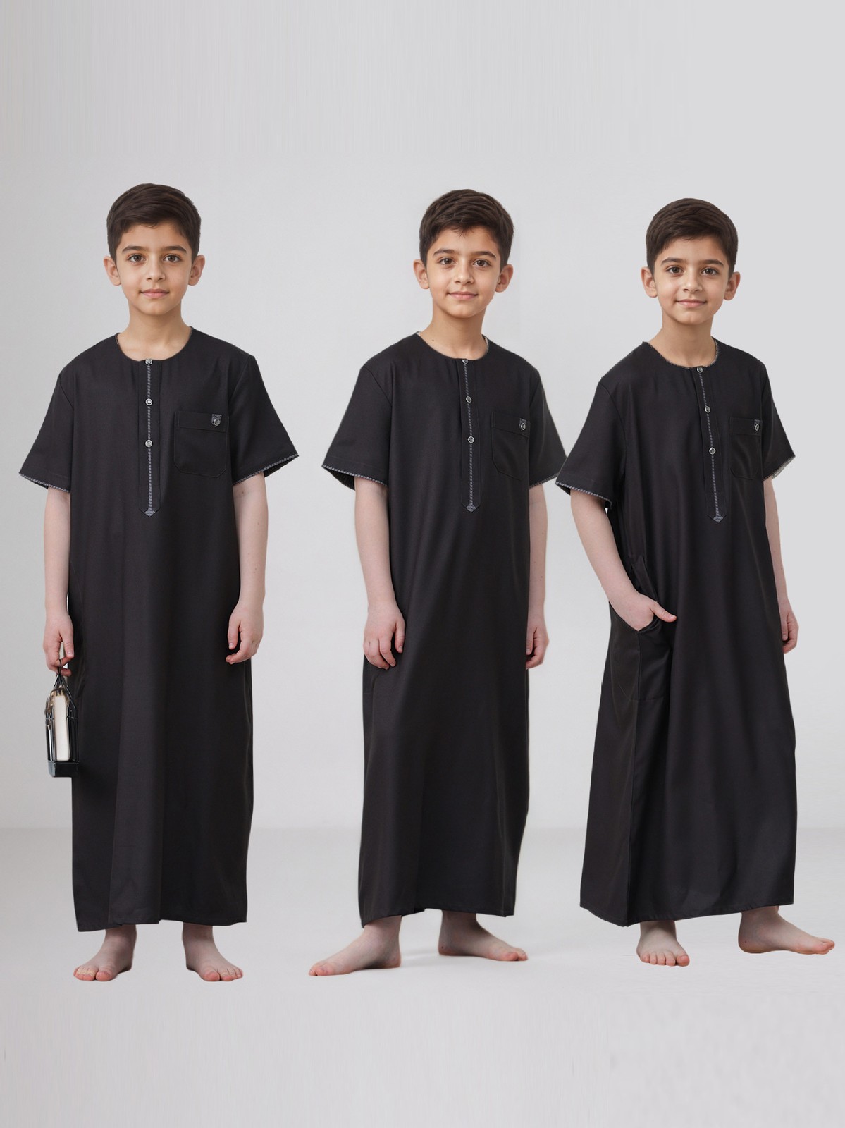 Muslim Boys Short Sleeve Jubba Thobe Embroidered Dress Islamic Abaya Robe Dubai