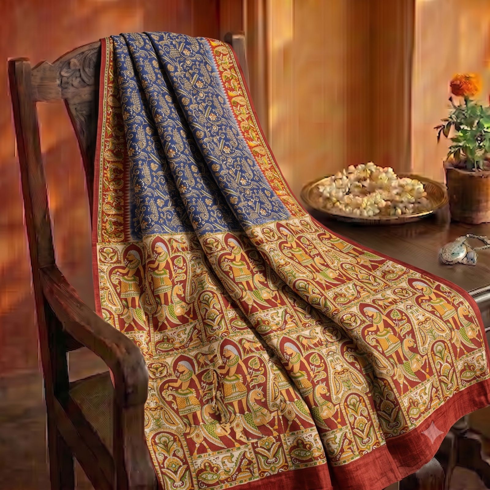 Sanskriti Vintage Blue Pure Silk Saree Kalamkari Print Sari 5.5Yard Fabric Craft
