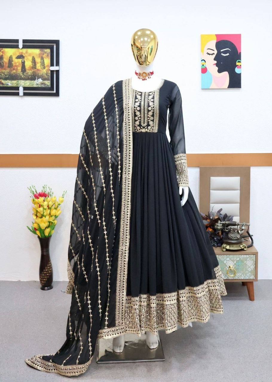 New Collection Black Faux Georgette Gown With Dupatta For Women & Girls