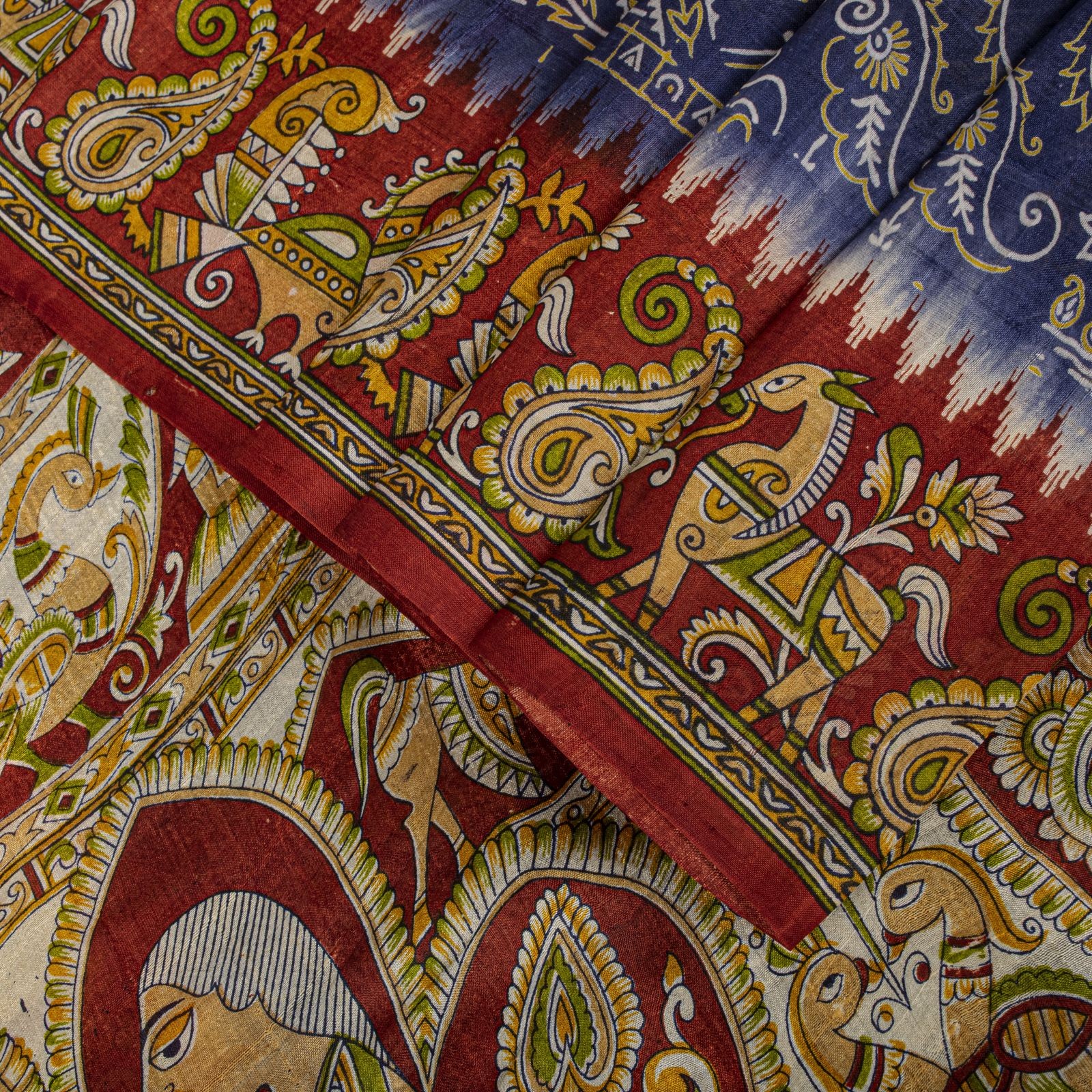 Sanskriti Vintage Blue Pure Silk Saree Kalamkari Print Sari 5.5Yard Fabric Craft