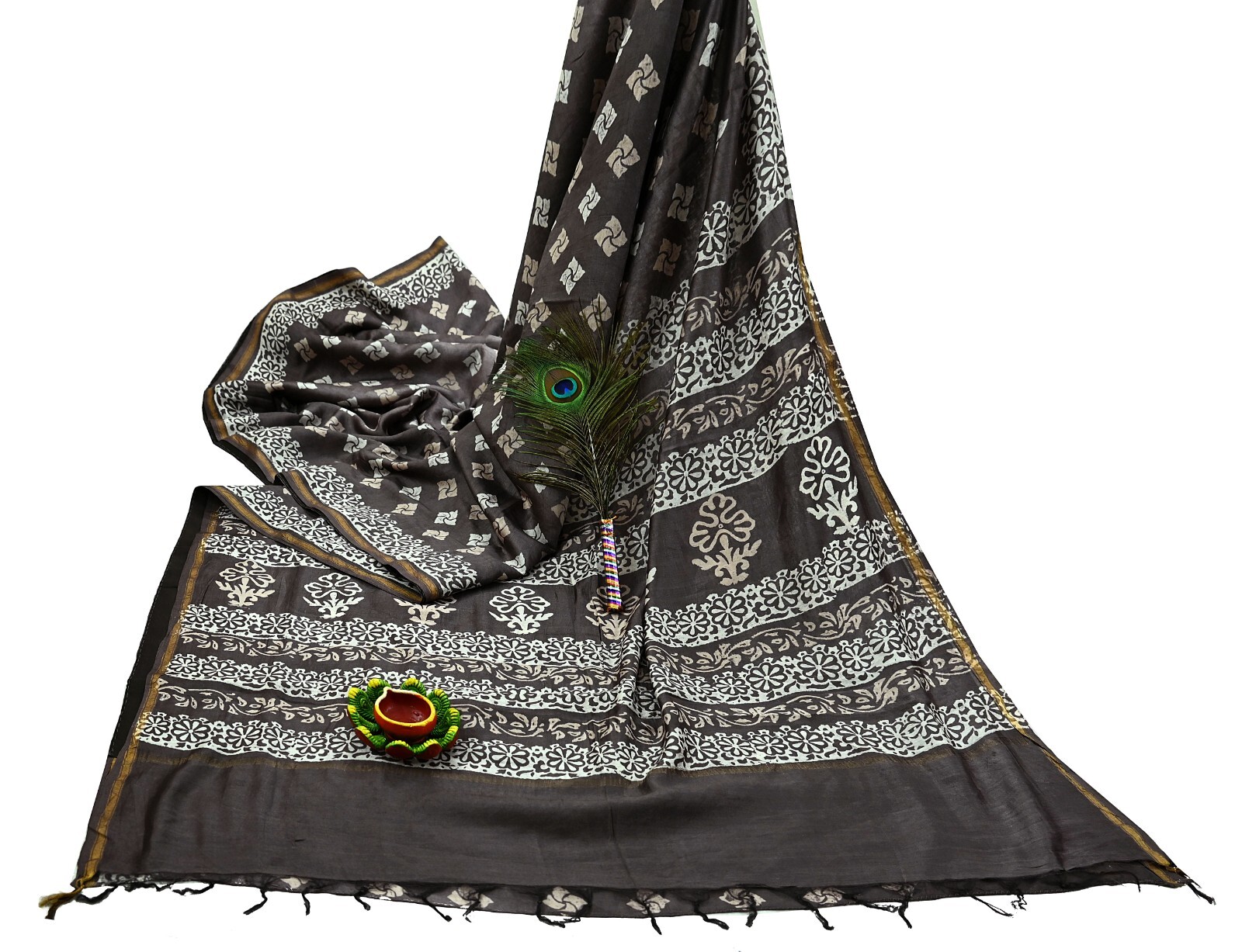 Indian Vintage Sari Brown & Ivory Pure chanderi Silk Block Printed Sarees Fabric