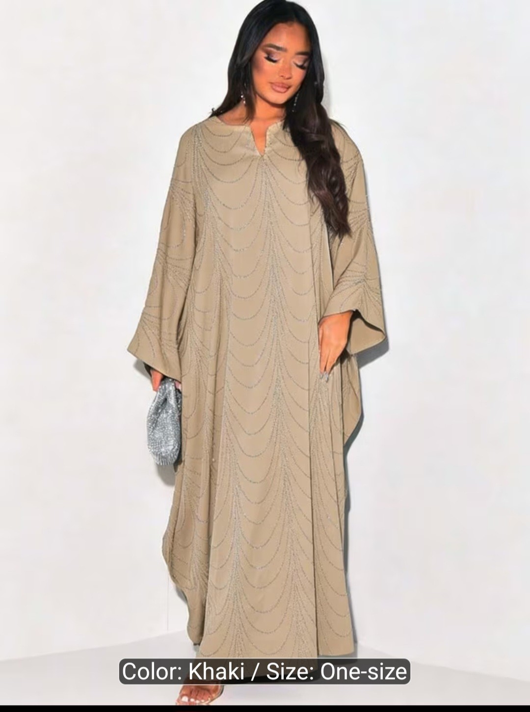 Women’s Khaki Kaftan Dress, One Size, Middle Eastern Abaya Style, Maxi