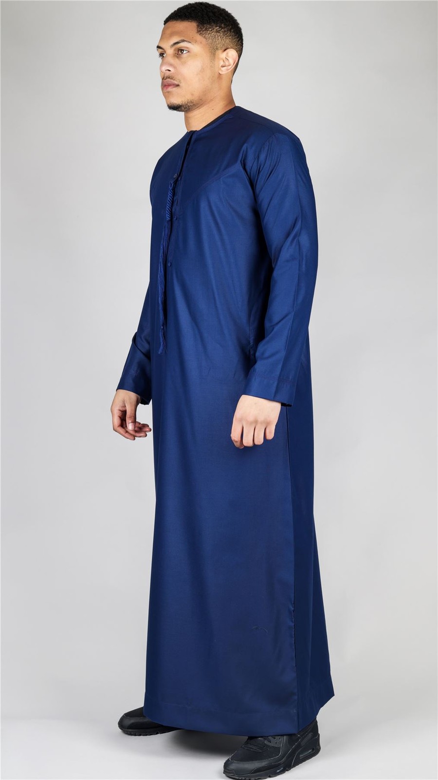 Men’s Navy Thobe Emirati Islamic Clothing String Tassel | Thobez