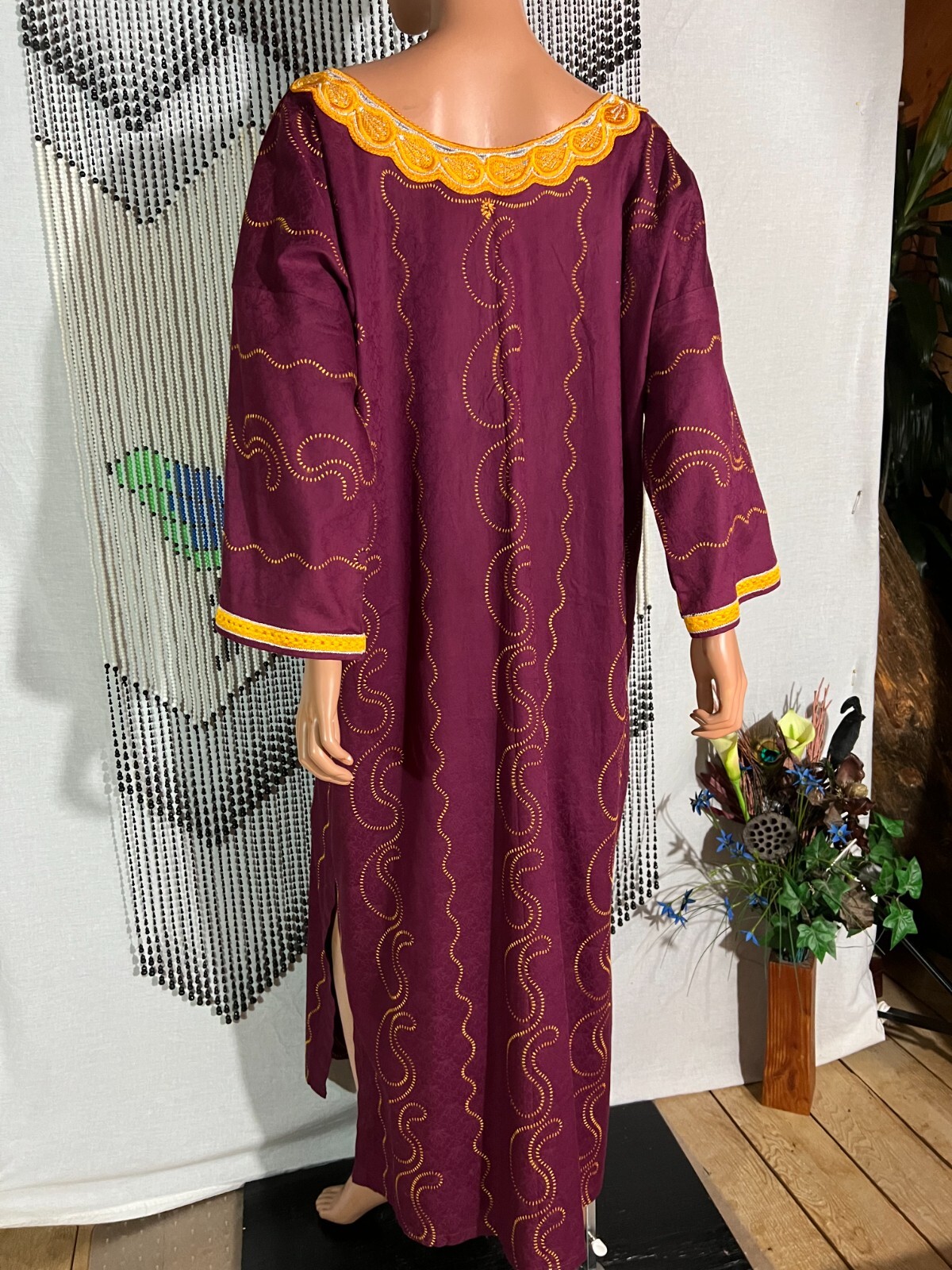 Unisex Men Women Kaftan Long Robe Gnana Africa Burgundy Embroidery Free Chest 56
