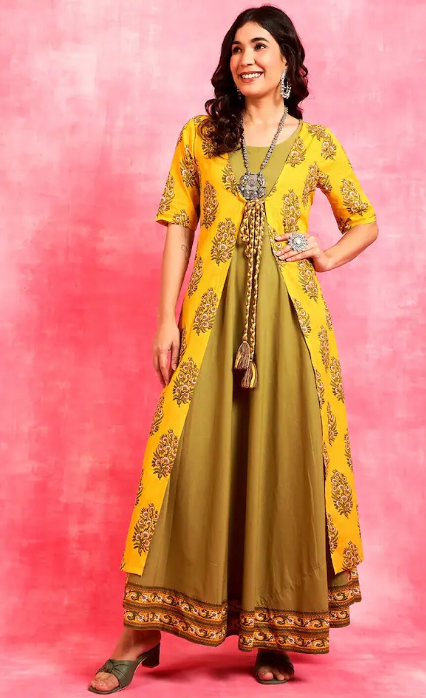 Women Indian Kurta; Yellow Ethnic Floral printed Cotton A-line Maxi Kurta