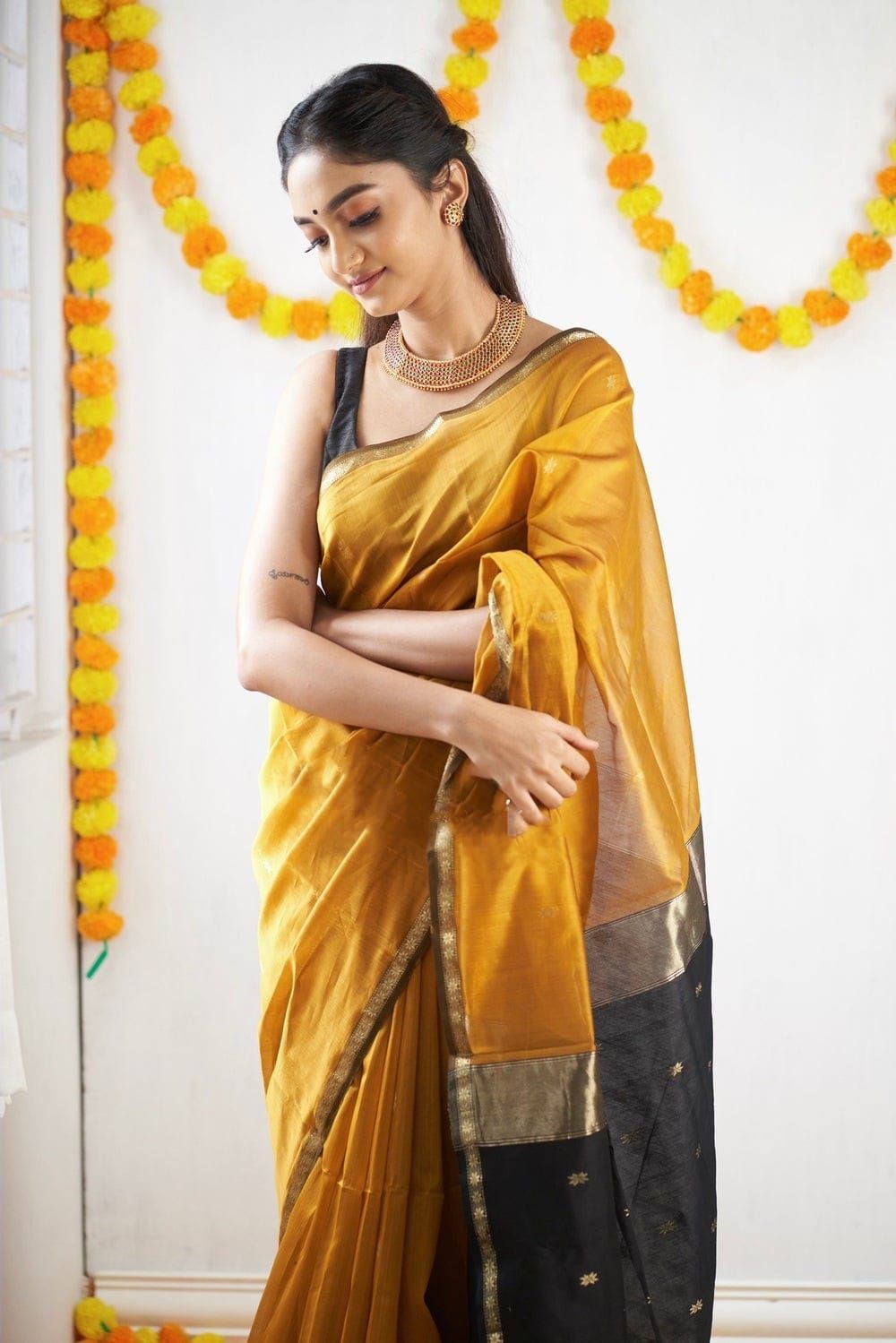 Soft Linen Cotton Saree Jacquard Wedding Party Wear Traditional Indian Sari