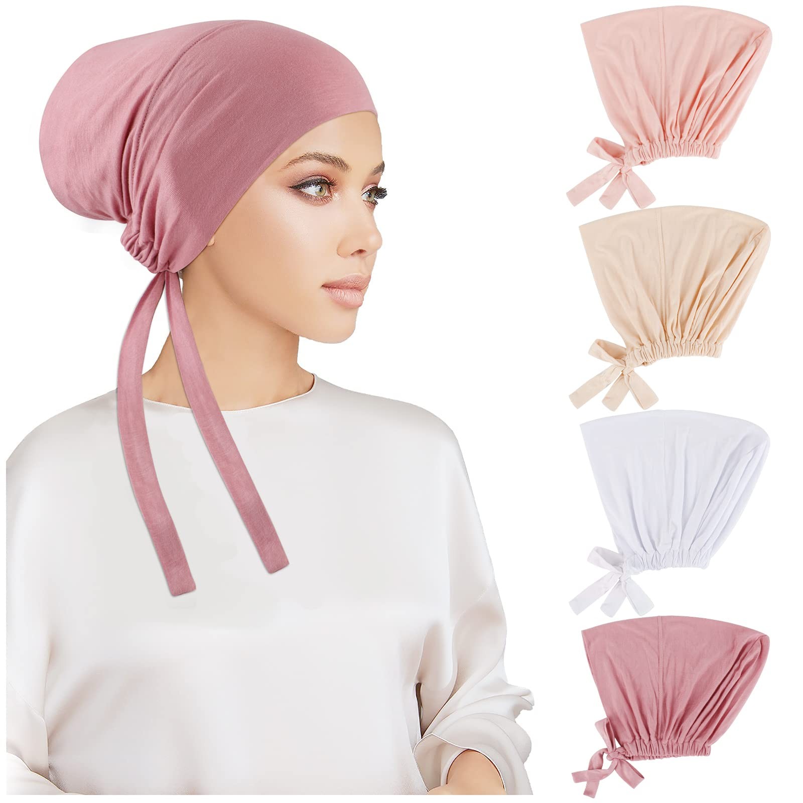 PHOGARY 4 Pcs Women Hijab Undercap, One Size, White, Pink, Peach, Beige