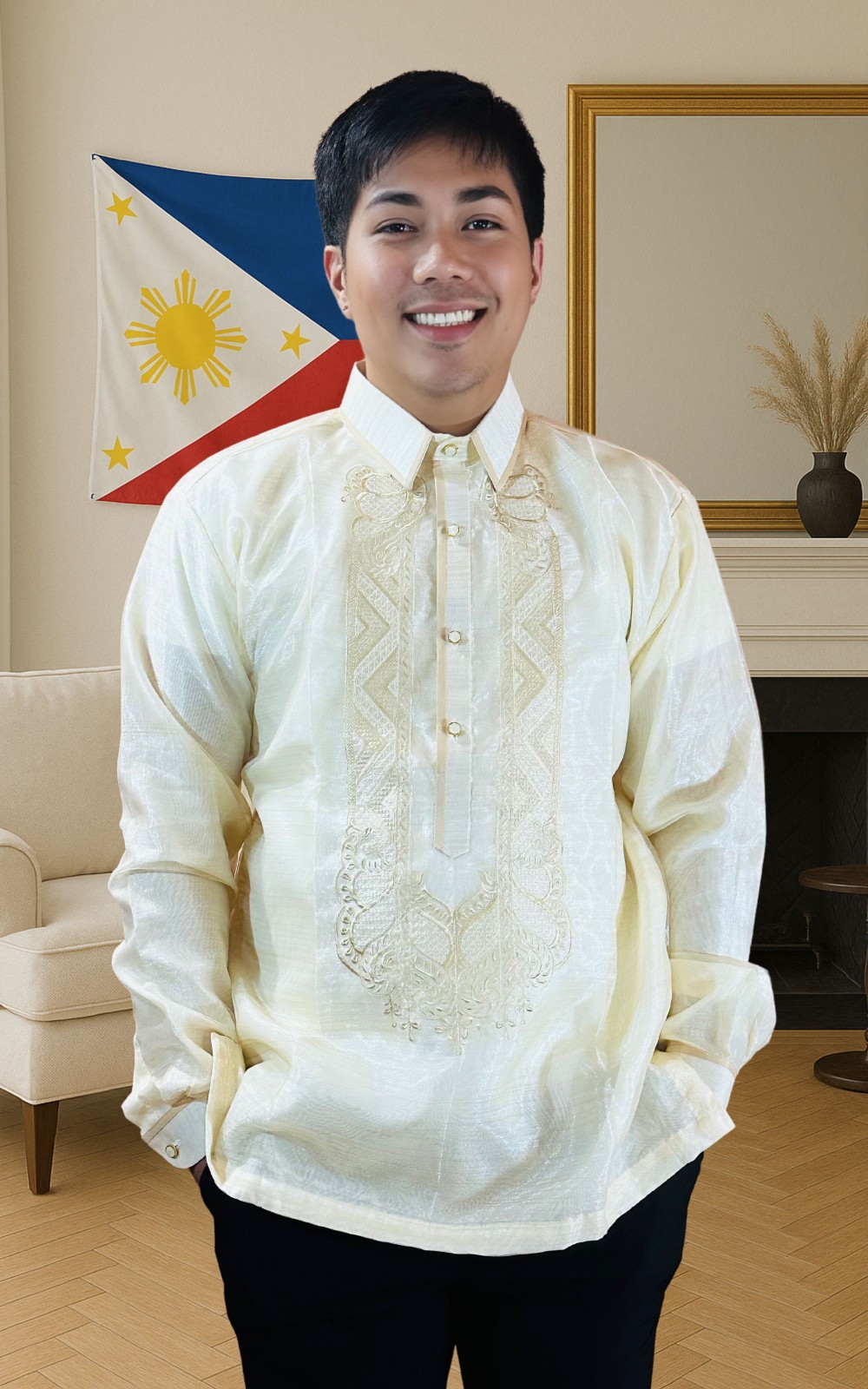 White Long Sleeve Organza Barong Tagalog