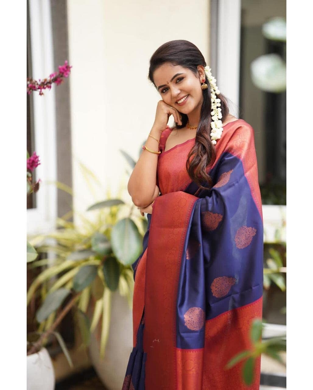 Traditional Indian Silk Saree with weaving butti design saree weeding sari