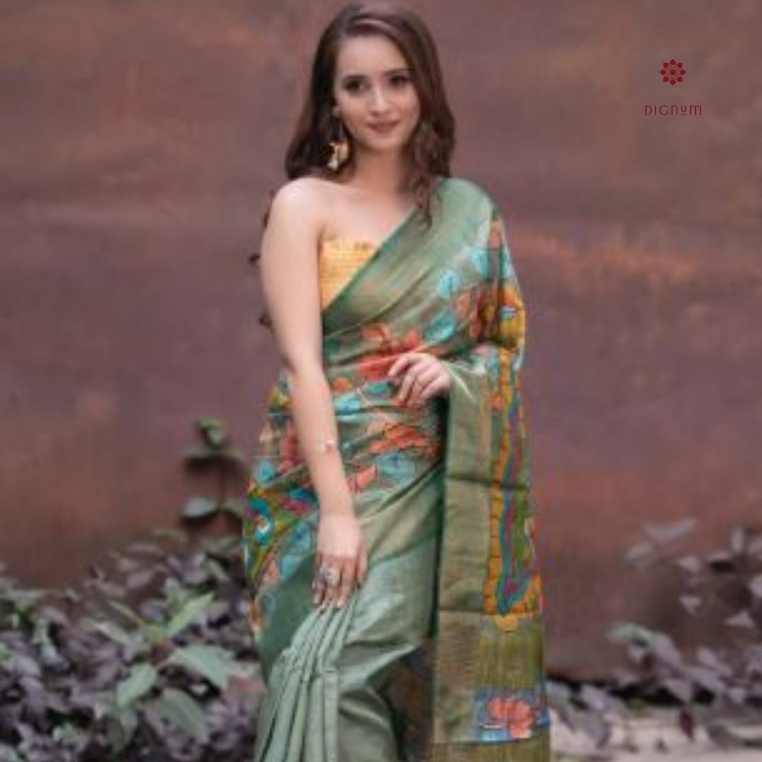 Sage Green Hand Painted Kalamkari Saree