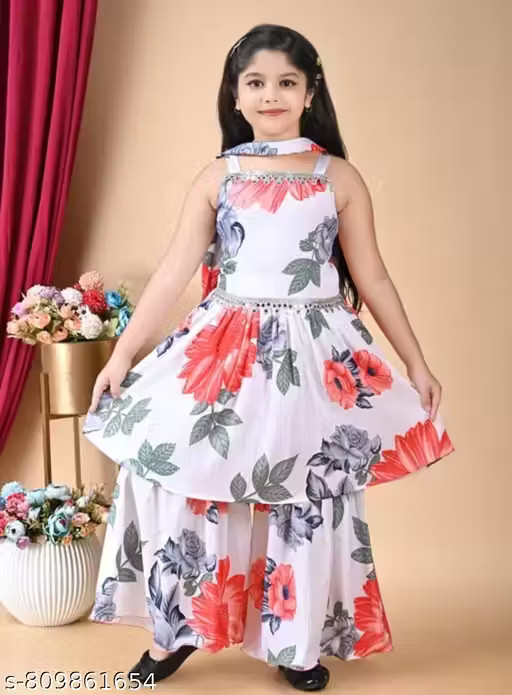 Girls Floral Print Party Dress Cotton Blend Girl’s Kurta Sets