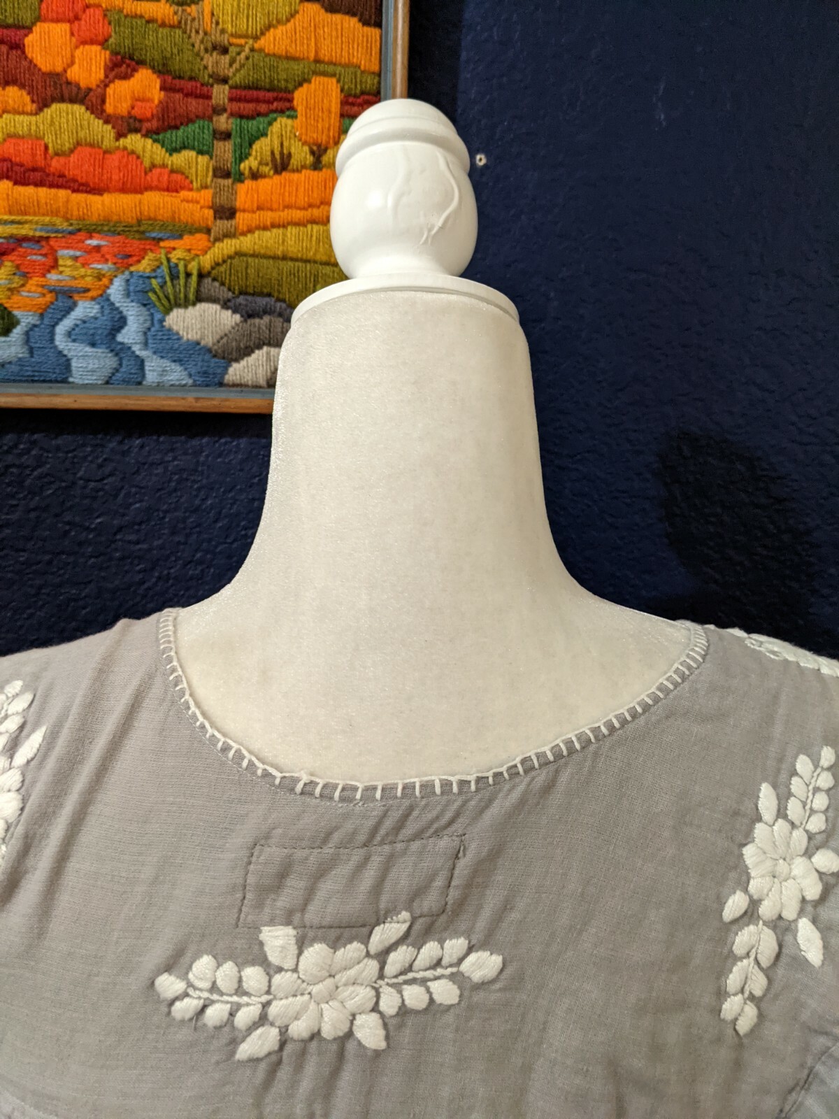 Siren Mexican Embroidered Boho Gray Shirt Blouse Festival Sz XS Extra Small