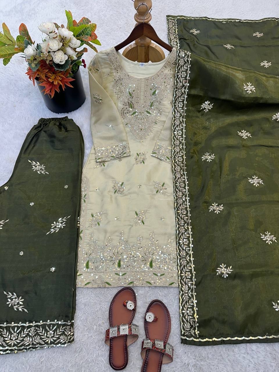 Classic Look Silk Green Palazzo Suit With Dupatta For Indian Party Wear